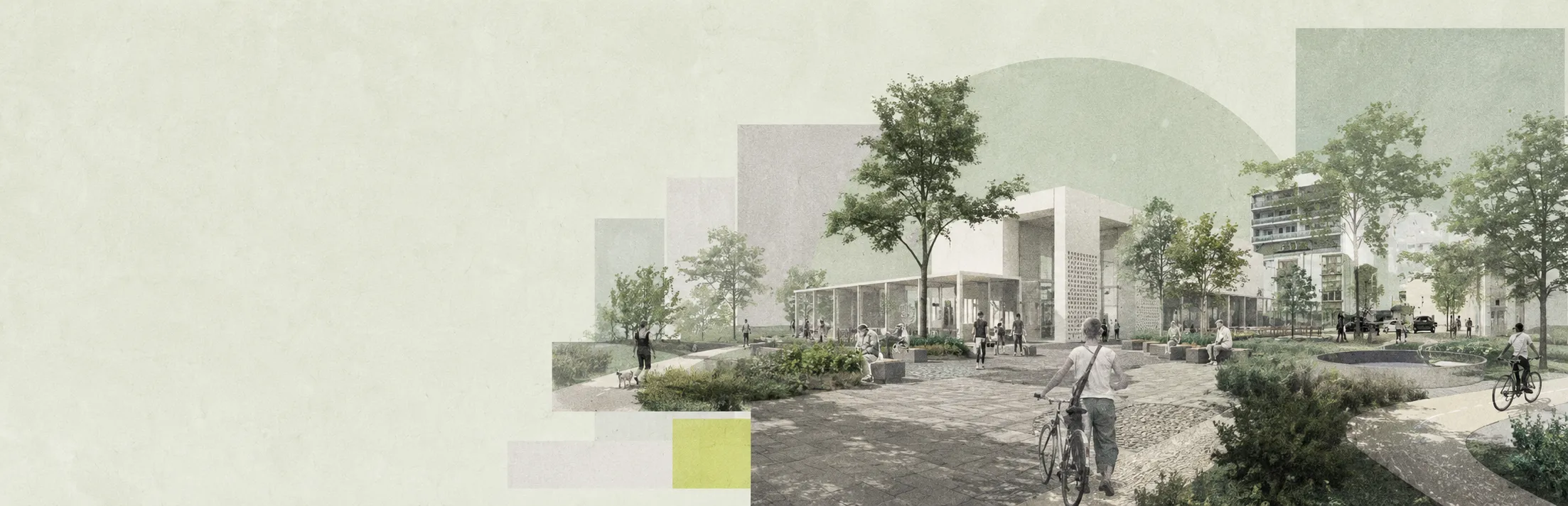 Render de un espacio público urbano con arquitectura, árboles y ciclovía